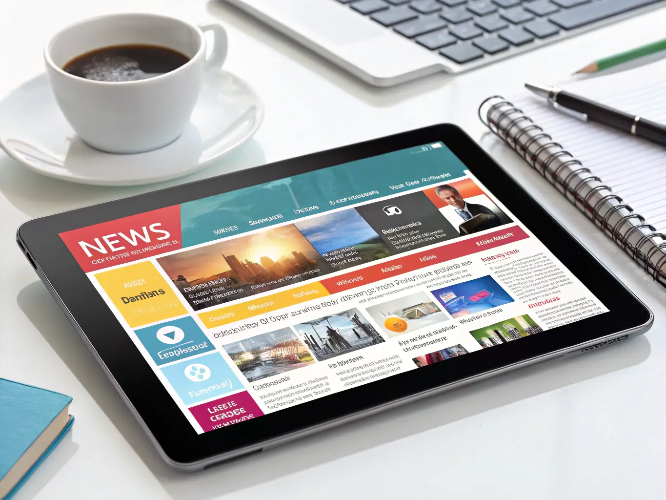 A picture of a digital tablet displaying the homepage of a Romanian Orthodox news website, highlighting recent articles and announcements.